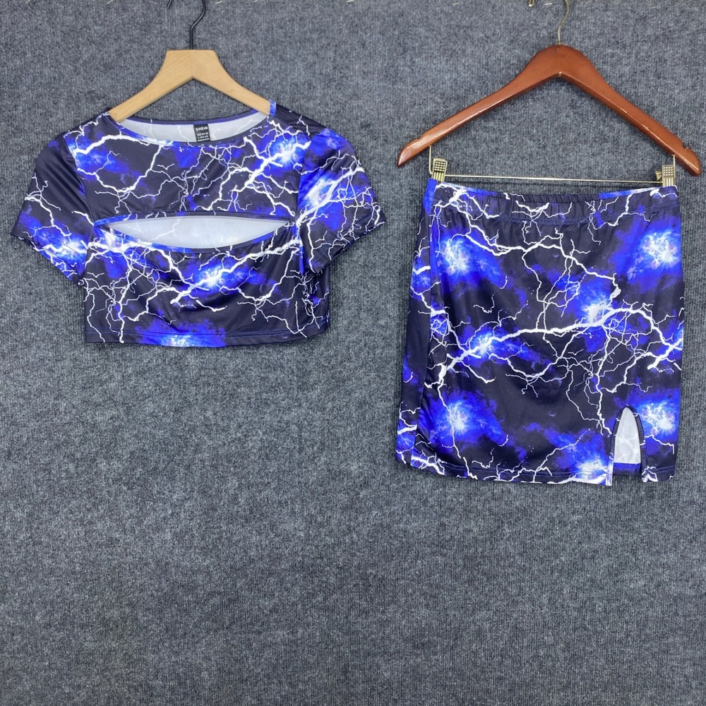 SHEIN Women Blue Lightning Print Two Piece Set Cutout Crop Top Mini Skirt Large